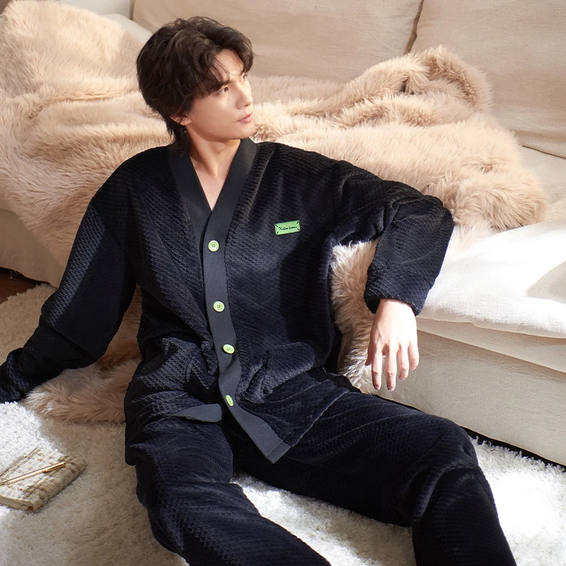 Men Thick Flannel Pajamas Coral Fleece Pajama Sets Sleepwear Long Sleeve Tops+Long Pants Pajamas Warm Home Clothing Pyjamas Male