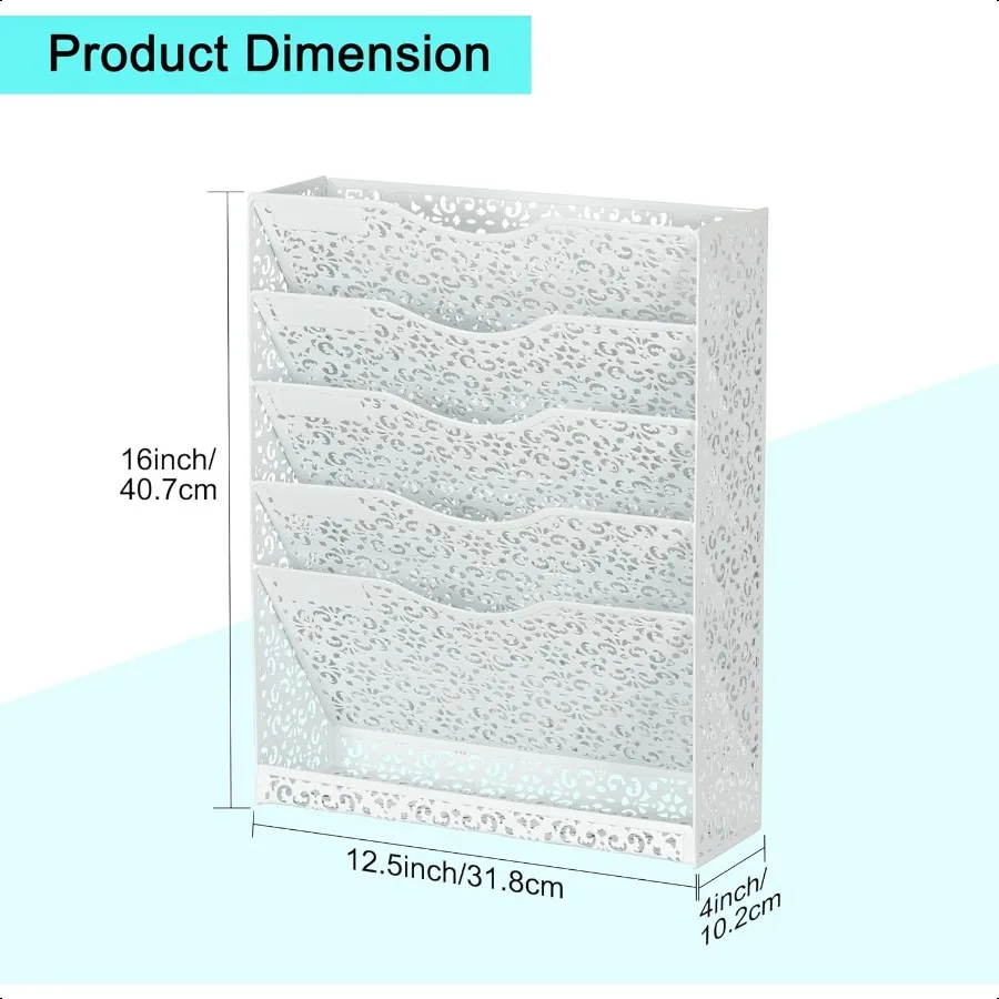 منظم ملفات مكتب EasyPAG، حامل ملفات معدني عالي التحمل مثبت على الحائط، حامل مجلد ورق بريد من 5 طبقات مع صينية سفلية للمكتب
