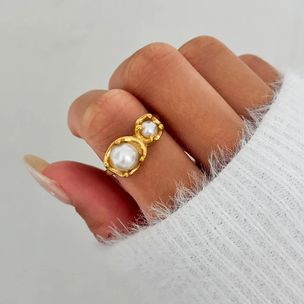 Double pearl flower rings for women simple dainty rings minimalist elegant stainless steel jewelry waterproof
