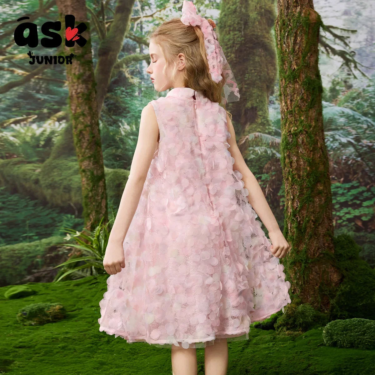 فستان ASK Junio RGirls ثلاثي الأبعاد مطرز لطيف بياقة واقفة بدون أكمام #4