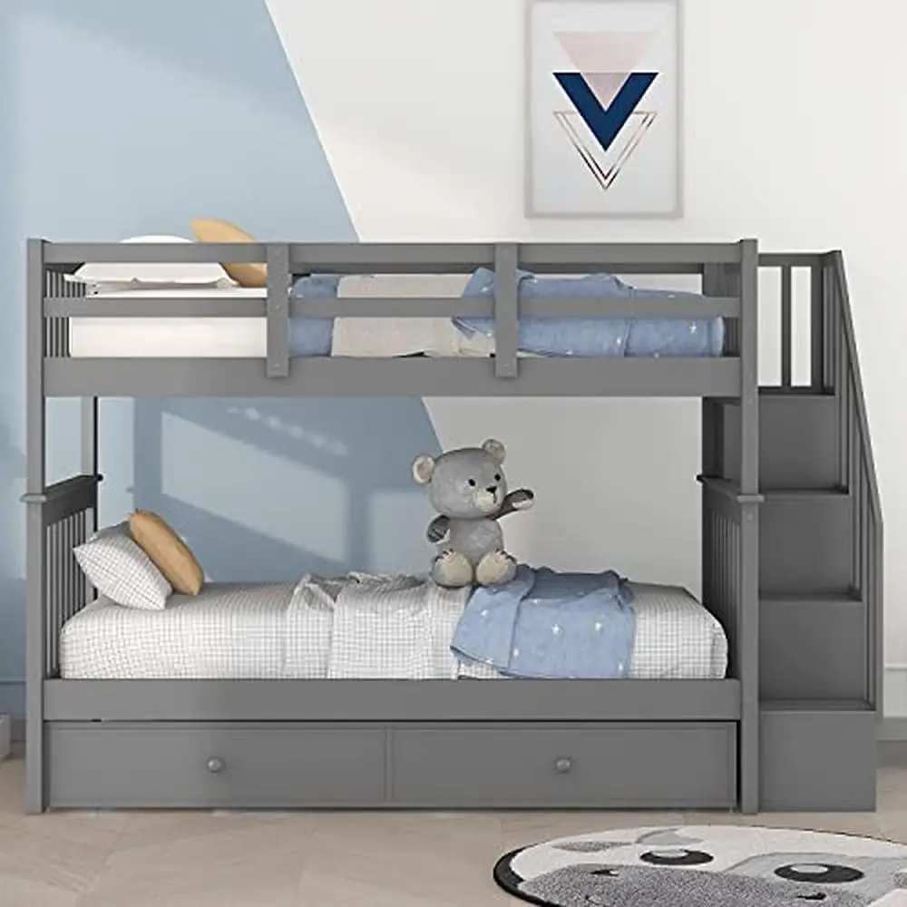 

Twin Bunk Bed with Trundle Stairs Open Shelves Kids Teens Bedroom Grey Espresso Modern Sturdy Wood Kids Furniture Guest Room