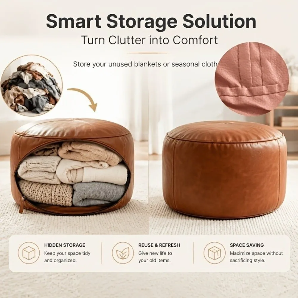 Minimalism PU Leather Round Lazy Sofa Covers Large Capacity Unstuffed Bean Bag Cover Removable Soft Storage Bag Corner