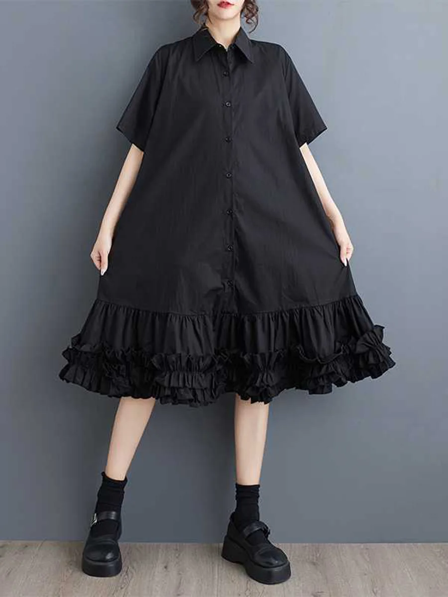 Onecozyday Women's Black Loose Shirt Midi Dress Lapel Collar Short Sleeve Button Front Multi Layer Ruffle Hem Casual Swing Dress