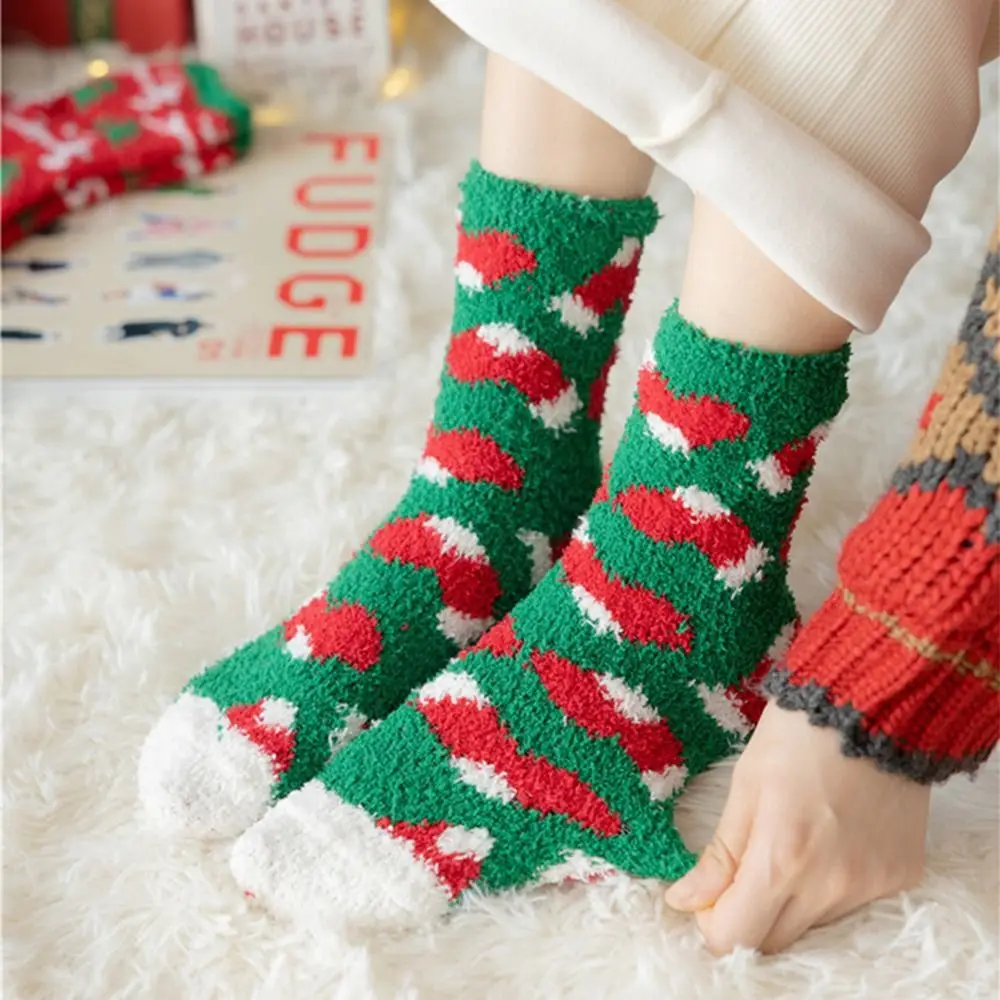 Comfortable Warm Soft Stripe Heart Coral Fleece Pine Tree Cold-proof Winter Socks Hosiery Christmas Socks Women Short Socks