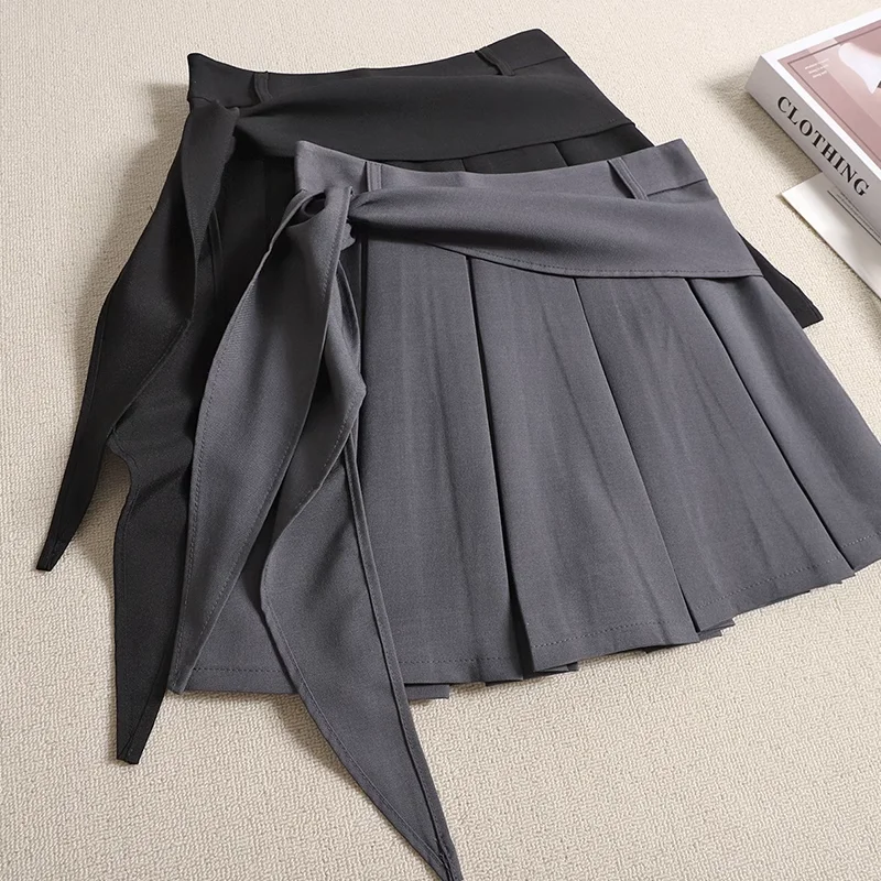 

2025 New Irregular Bandage Pleated Mini Skirt Women Korean Style Solid High Waist Slim Fit A-line Skirts Fashion Skort
