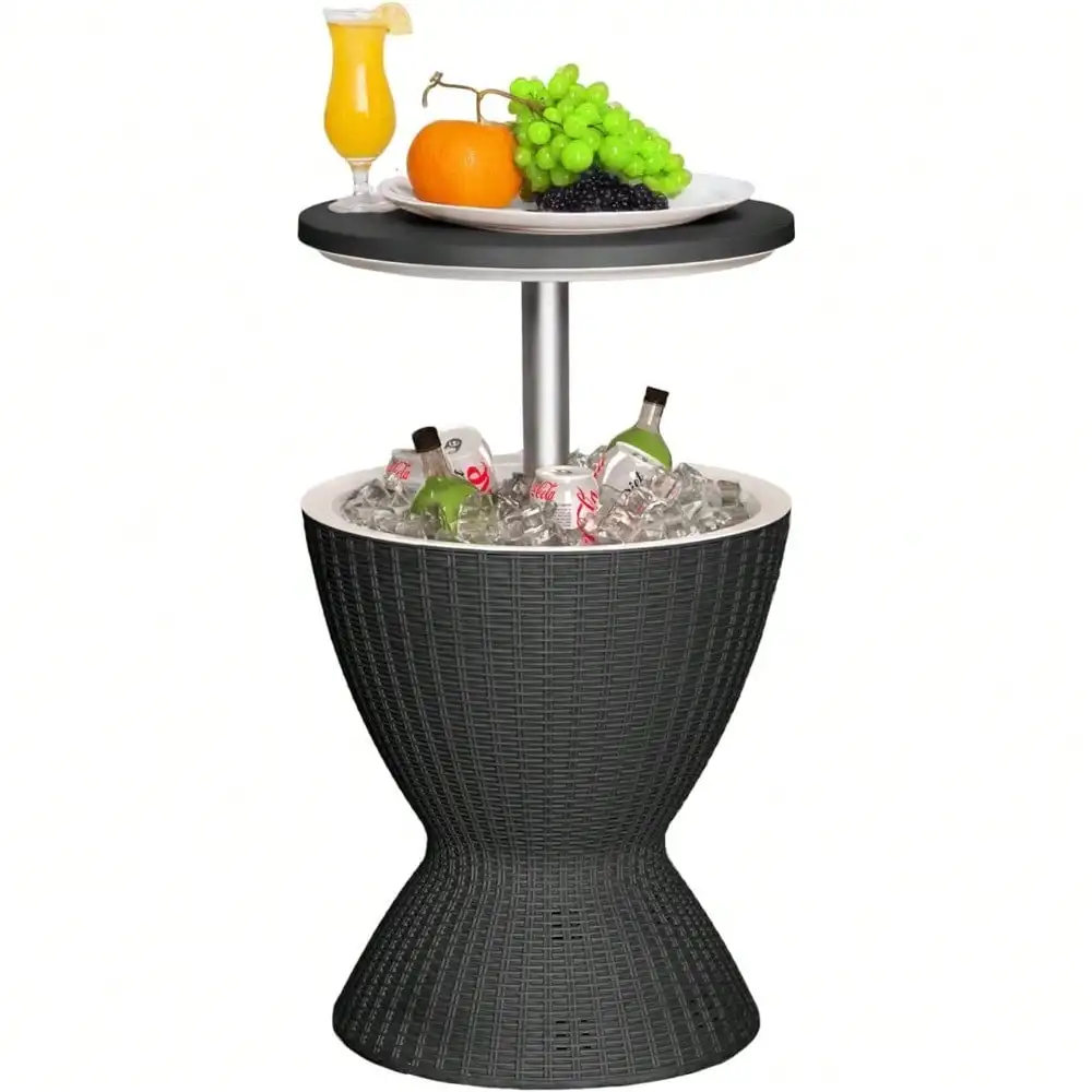 Outdoor Cooler Bar Table – 8 Gallon Outdoor Patio Cooler Table With Drain Plug, Adjustable Height Rattan-Style Resin Cool Bar Fo