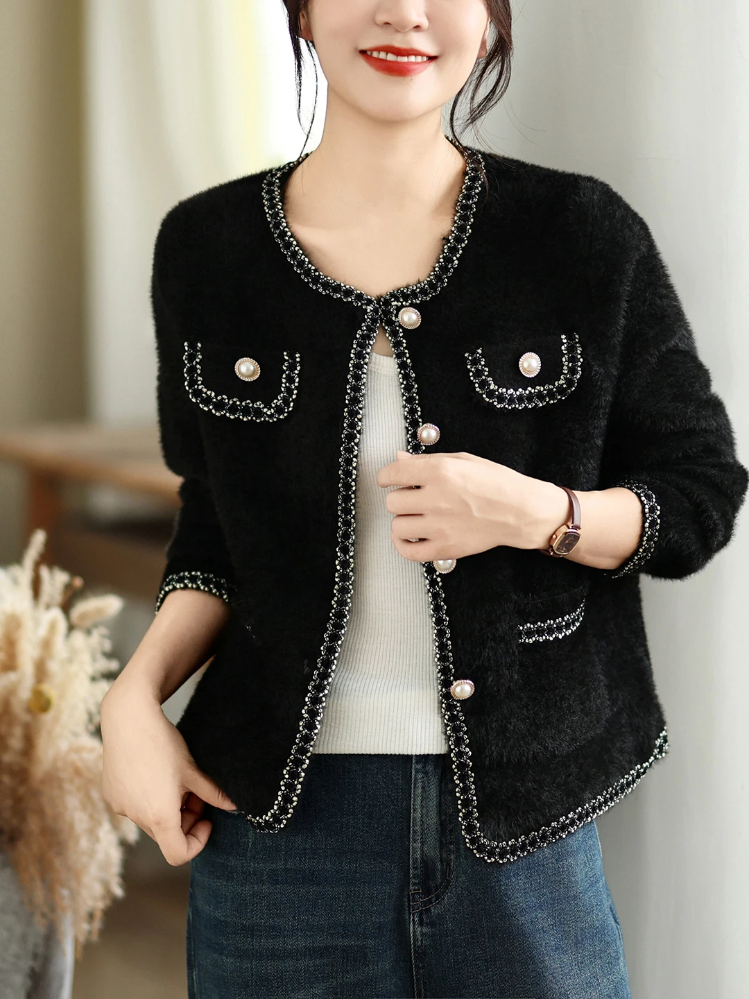 Authentic Small Fragrance Style Knitted Cardigan Sweater round Neck Open Front Nylon Polyester Short Coat for Women Autumn 2026
