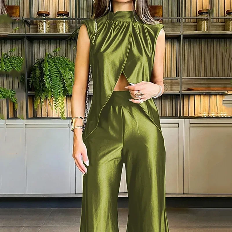 Women Wide Leg Pants Set Vest Sleeveless Top & Cuffed Pant Sets Cross Two Piece Suit Shirt Y2k Tops Midi Waist Trousers Suits