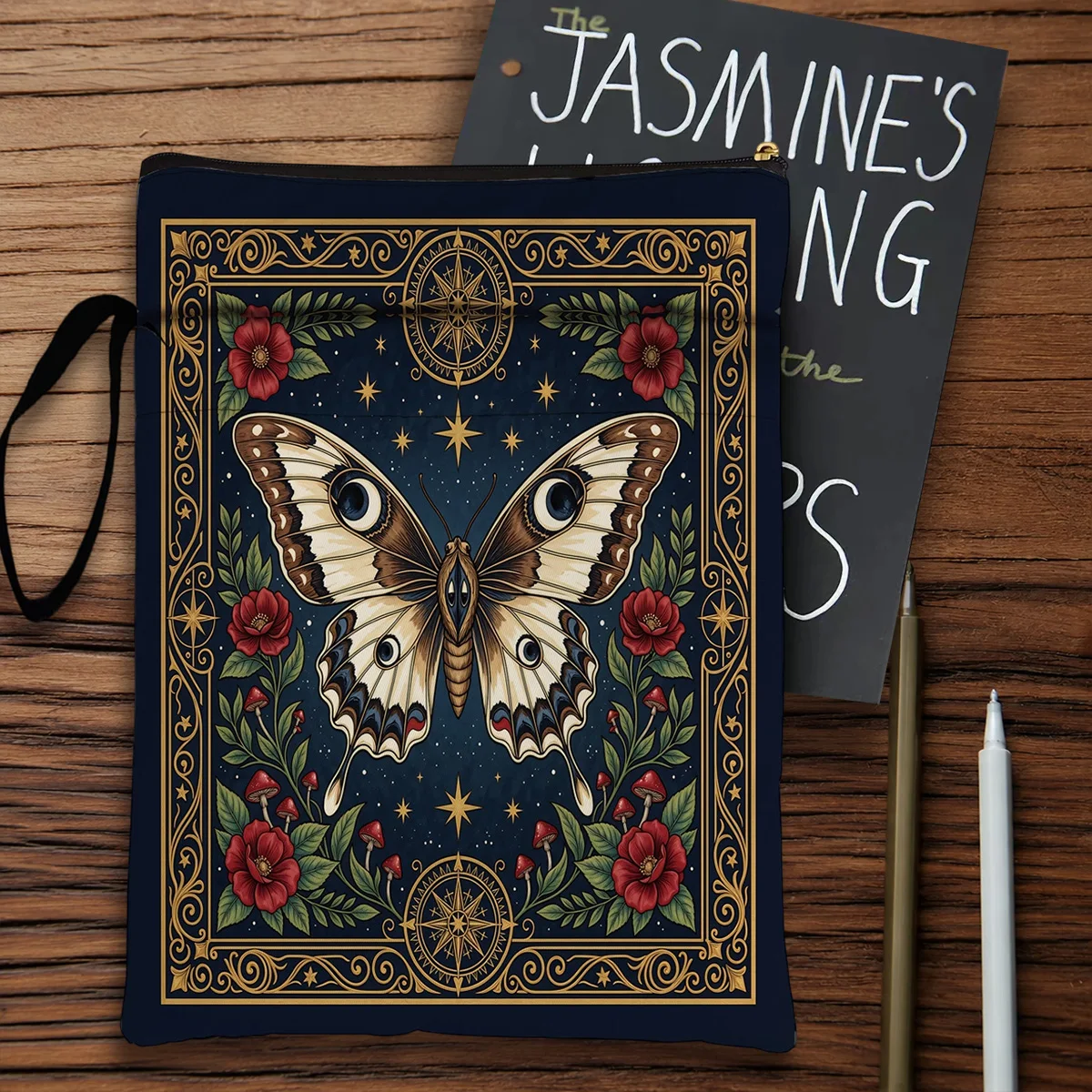 Taro Printed Book Cover With Zipper Book Sleeve Paperback Book Protection Cover Butterfly Lotus flower Witch Cat Pattern Bag