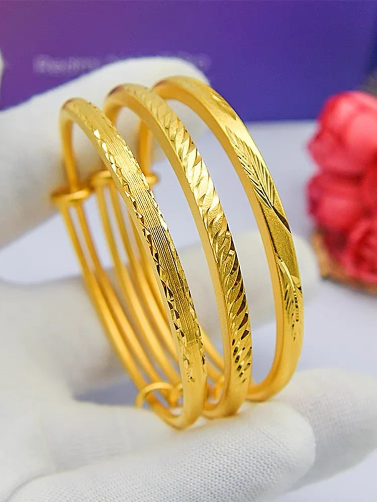 Vintage Style Push-Pull Carved Edge Striped Bangle Women 24K Gold, AU999 - Vintage Patterns, Easy Push-Pull, Gold Elegance
