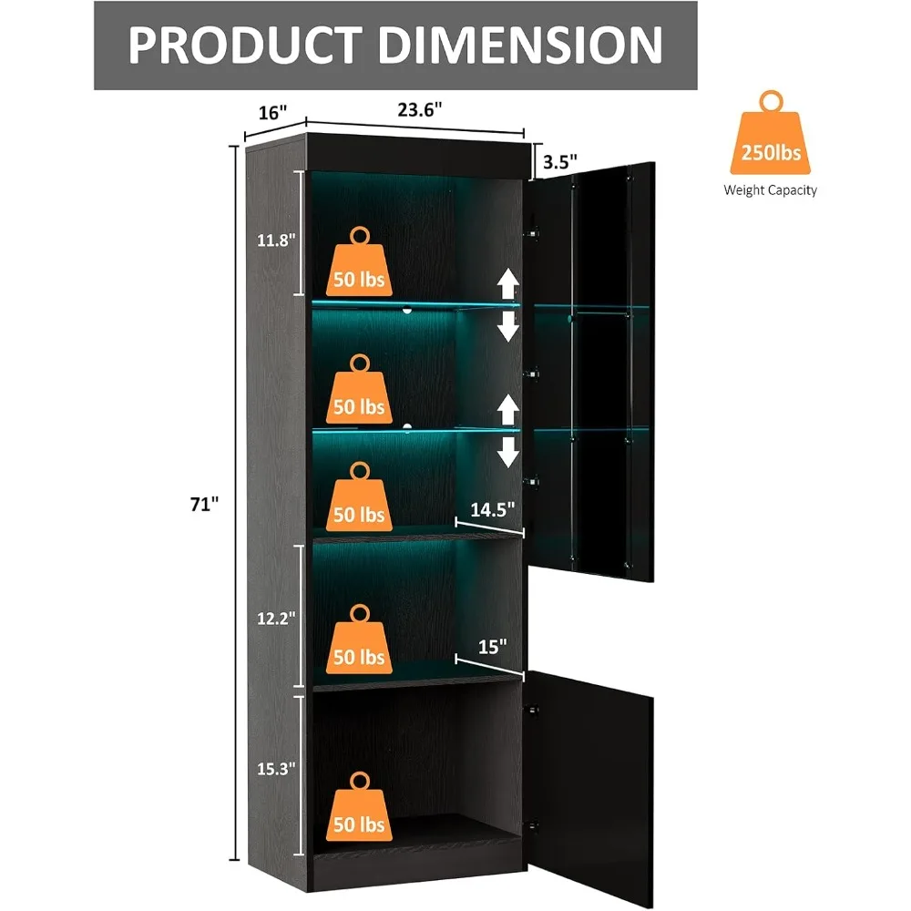 2 Piece 71in Tall Bookcase Storage Cabinet with Glass Doors, Modern High Gloss LED Bookshelf Display with 5 Tiers