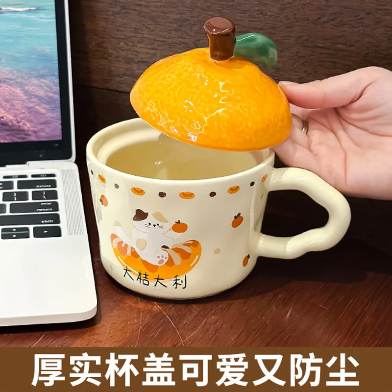 Cute Orange Cat Mug With Lid Funny Mugs Coffee Cups Breakfast Cup Personalized Gift Drinkware Cup for Tea Christmas Ceramic Beer