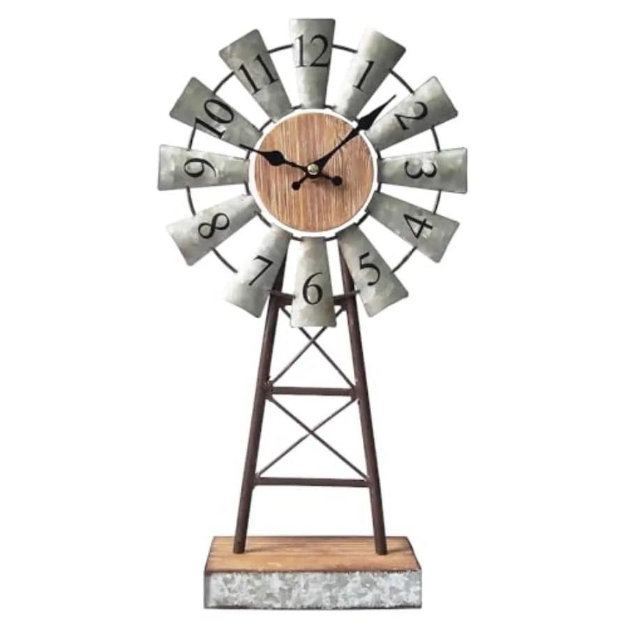 

Rustic Windmill Table Clock for Living Room Decor Vintage Galvanized Metal Wood Desk Clock with Silent Quartz Movement Farmhous
