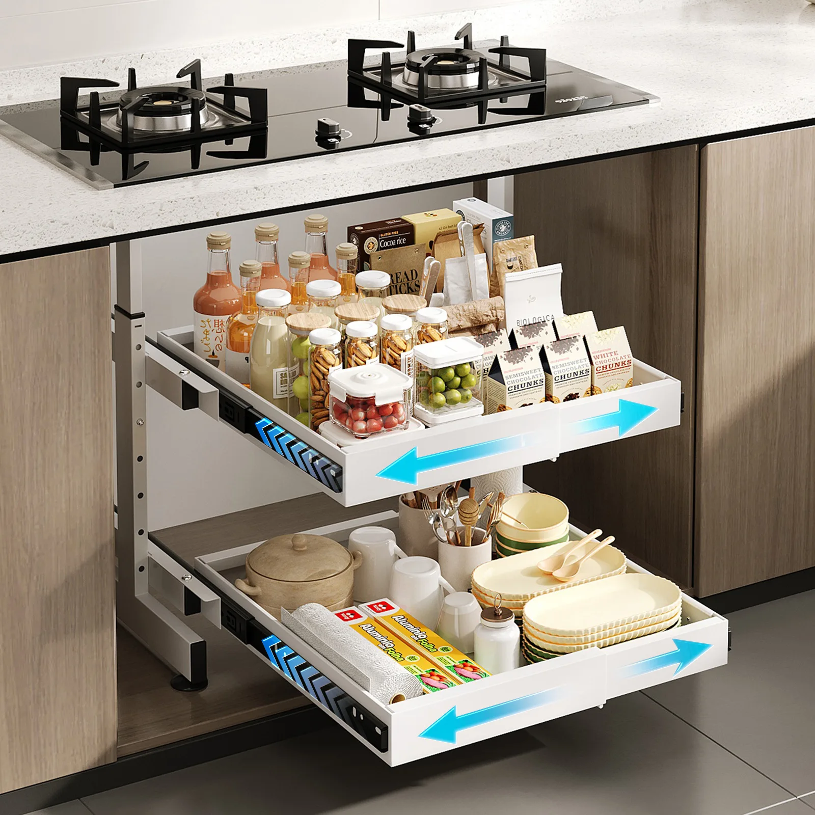 Dish Seasoning Storage Rack Under Kitchen Cabinet Non-Punching and Pulling Bowl Rack Retractable Storage Basket Rack