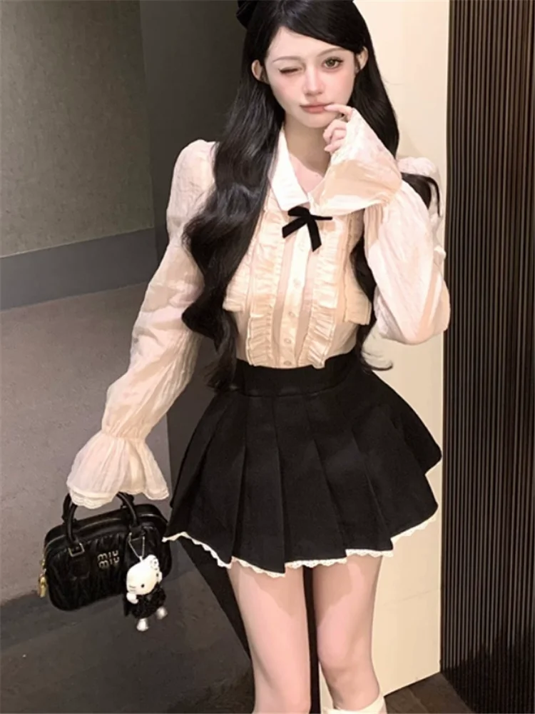 French Court Style Women Two Pieces Sets Ruffles Flare Sleeve Sweet Shirt Blouse+Black Mini Skirt Fashion Vintage 2 Pieces Suits