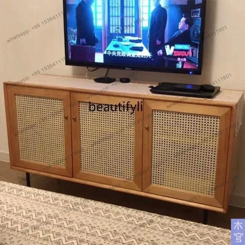 

Solid Wood Rattan Sideboard Cabinet Simple Bed & Breakfast Living Room TV Side Cabinet Bedroom Light Luxury Hallway Locker 01A