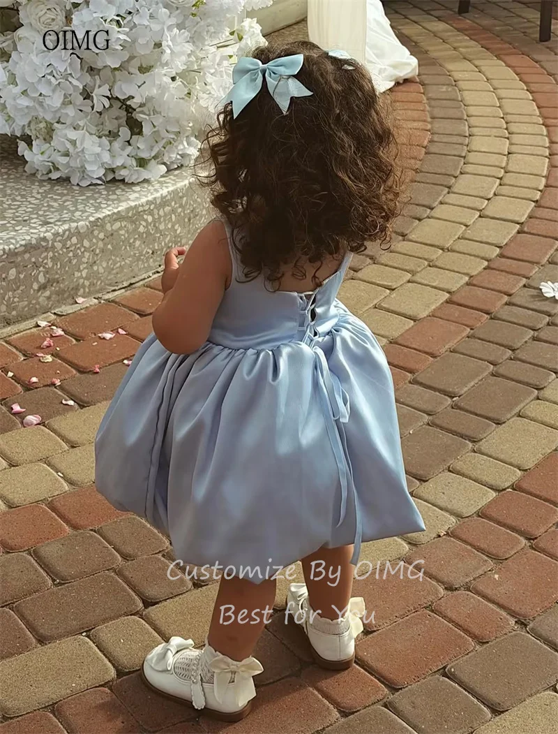 OIMG Sky Blue Square Neck A Line Flower Girl Dresses Pearls Sleeveless Wedding Party Dress Knee Length Birthday Dress Customized