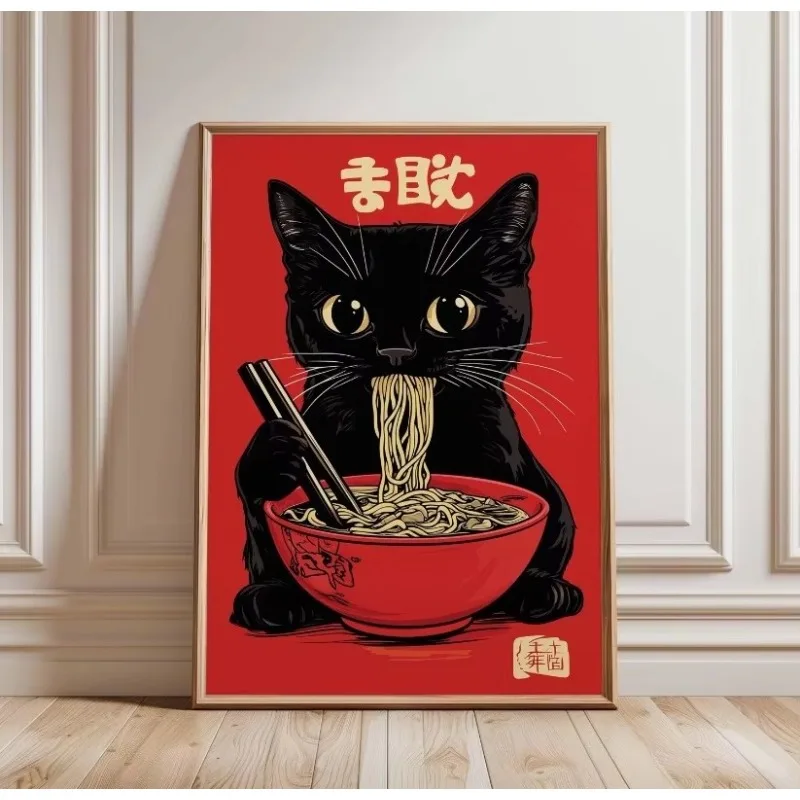 1pc frameless Canvas Painting Black Cat Ramen Japanese Food Kawaii Noodle Ginger Cat Poster Print Wall Art Pictures Canvas Paint