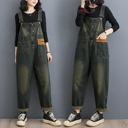 Streetwear Jeans Ladies Jumpsuits and Rompers Vintage Loose Wide Leg Cargo Denim Pants Big Size Pockets Spliced Overalls ZL524