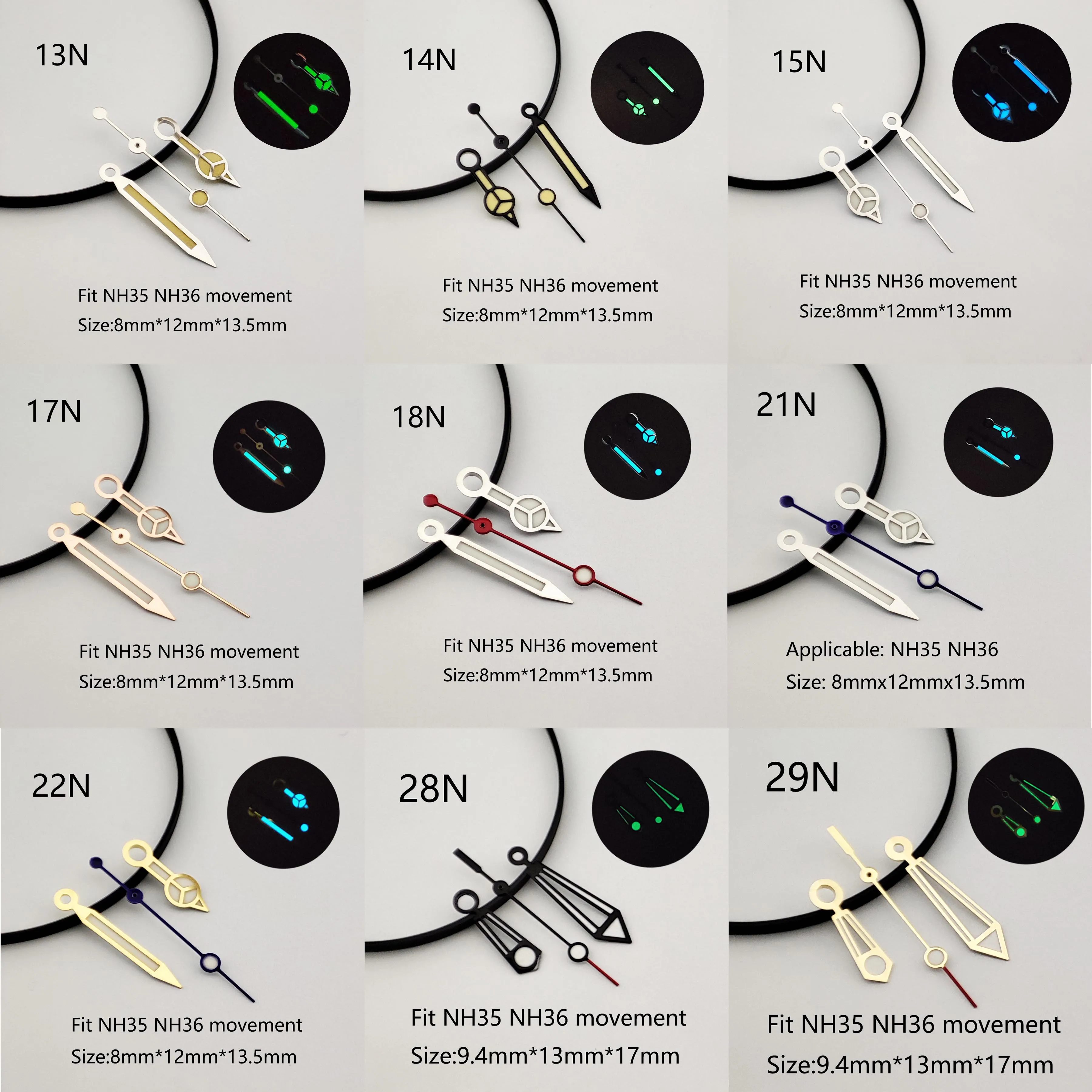 Aiguille lumineuse verte pour montre, aiguille argentée, accessoires de montre, aiguille de seconde, mouvement, NH35, NH36, All002