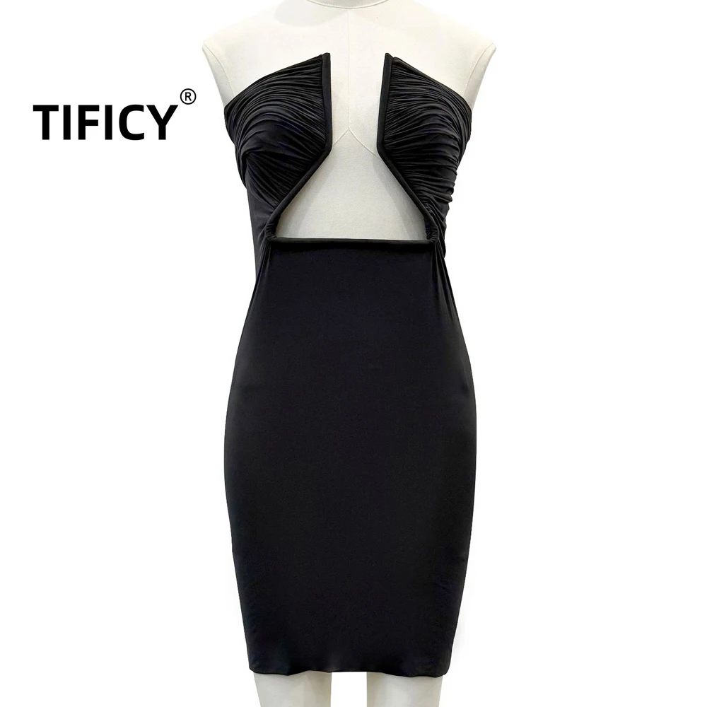 

High Street Dark Ro Strapless Dresses Women's Strapless Sexy Elastic Knitted Slim Cut Hollow Slit Dress Bodycon Dress
