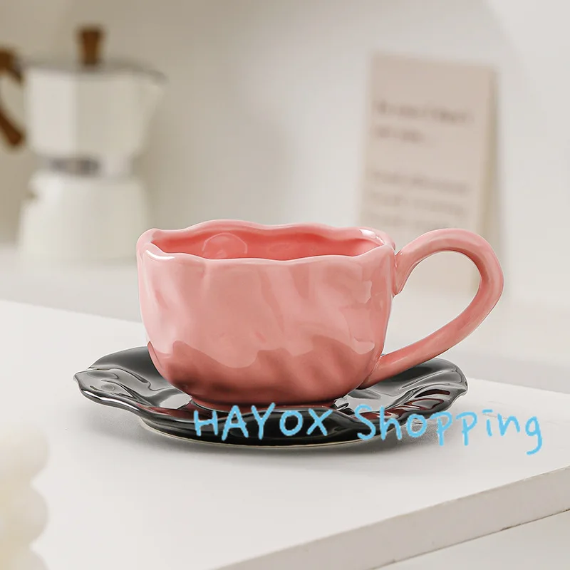 Creative Hand-held Irregular Shape Coffee Cup and Saucer Set，pink Black Color Contrast Office Mug，high-quality Ceramic Tableware