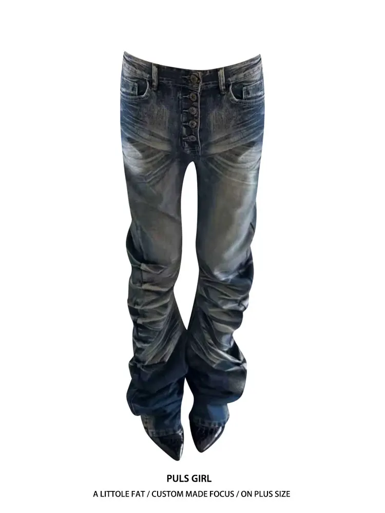 

High Waist A-Line Denim Jeans Women's plus Size Vintage Washed Crack Button Knife Slimming Long Pants Casual Style