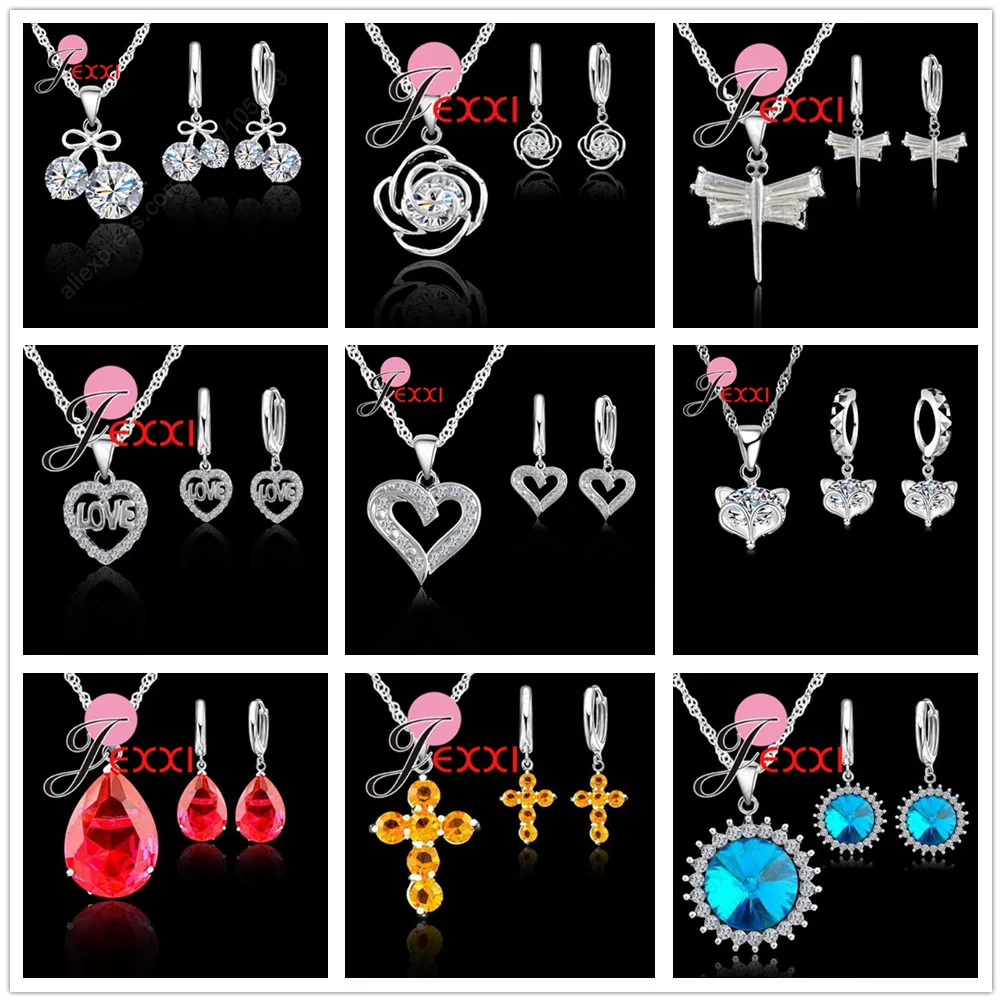 Simple Trendy 925 Sterling Silver Cubic Zirconia Heart Star Water Drop Pendant Necklace Hoop Earrings Jewelry Sets