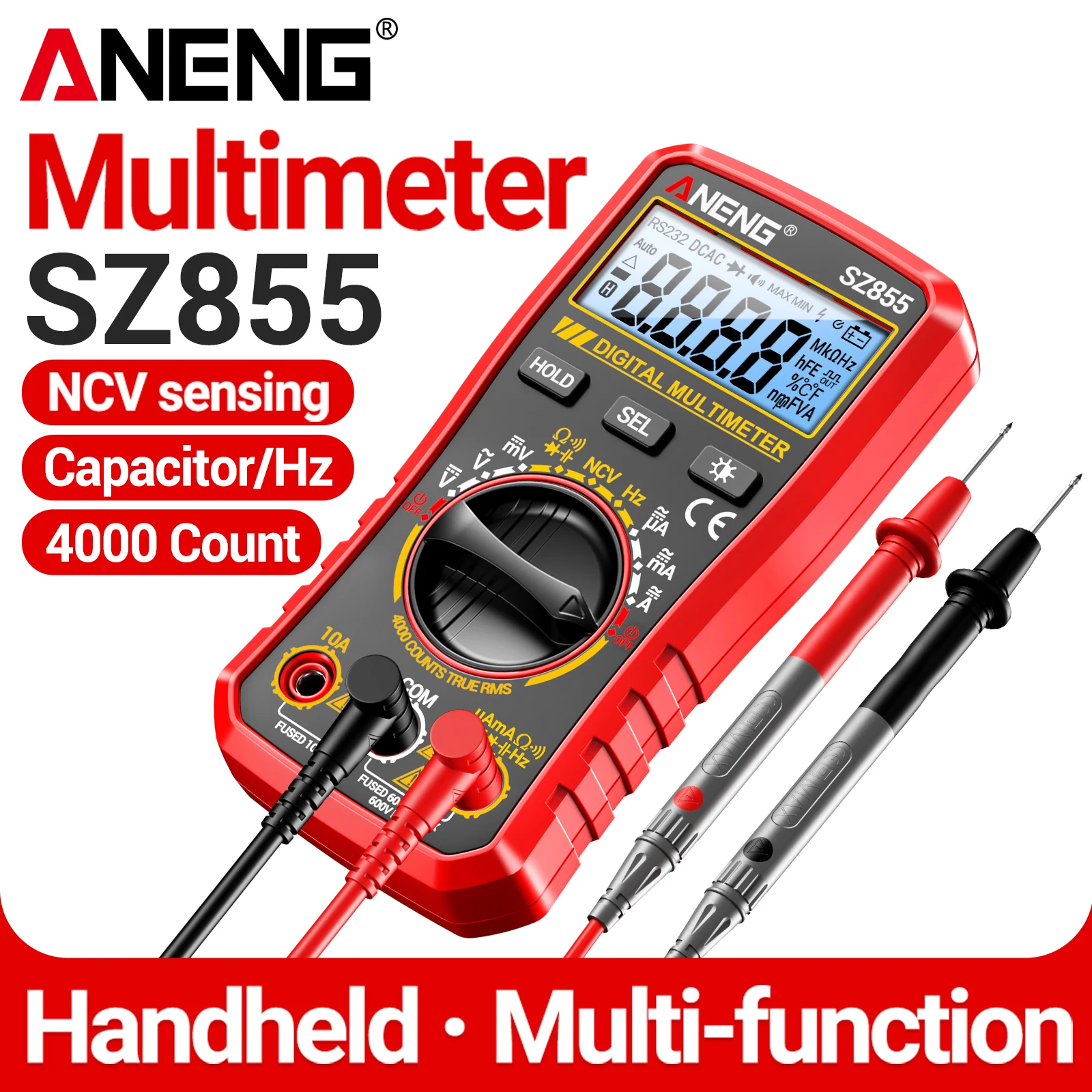 ANENG SZ855 Handheld Multimeter 4000 Counts Dual‑tube Overload Protection Diode Buzzer NCV Data Hold Auto Power Off Screen Tool