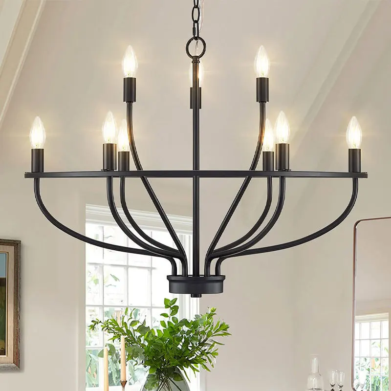 American Light Luxury Round Candle Iron Vintage Ceiling Chandelier Farmhouse Homestay Living Dining Room Bedroom Pendant Lamp