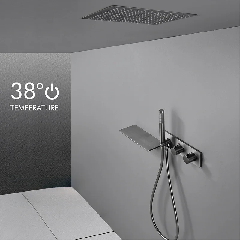 

Brushed Grey Brass Bathroom Concealed Thermostatic Shower Faucet Set Ceiling Waterfall Shower 12"Shower Head Black/Brushed Gold