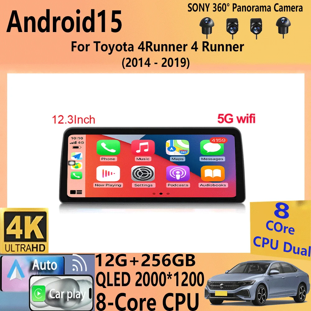 Android 15 Car Radio 12.3inch  For Toyota 4Runner 4 Runner 2014-2019 Multimedia Player GPS WIFI BT Stereo QLED No 2 din DVD