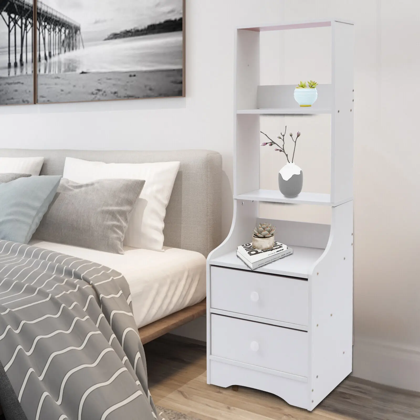 

White Nightstand Bed Side Table/Night Stand with2 Drawers Open Shelf Storage Tall End Table for Bedroom Living Room