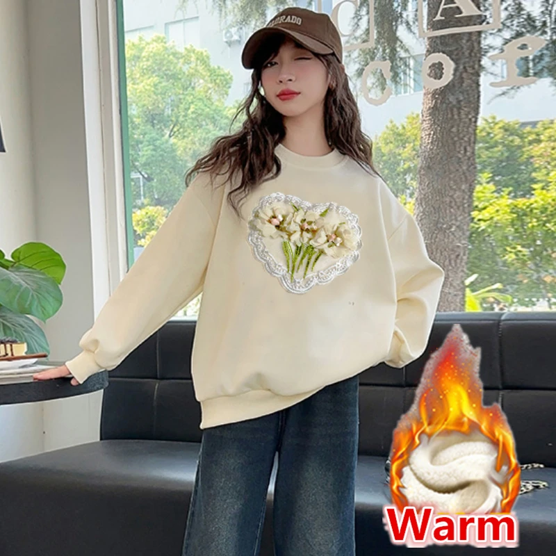 

Minimalist Kids Children Winter Warm Thermal Sweatshirt With Flower Application For Girls Fashion Beige Color Thick Hoodie Wear