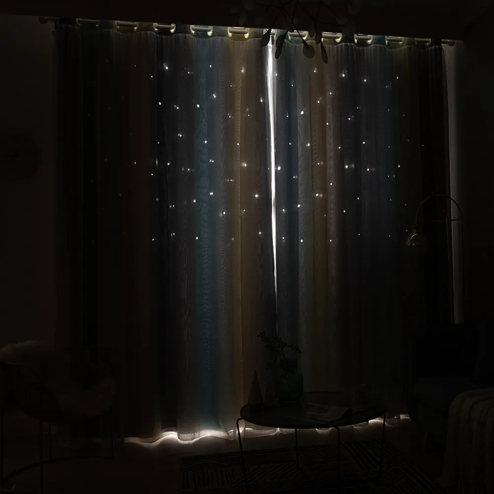 Double Layer Dacron Mesh Curtain with Shining Star Pattern Beige One-Sided Design for Bedroom Living Room Shading Heat