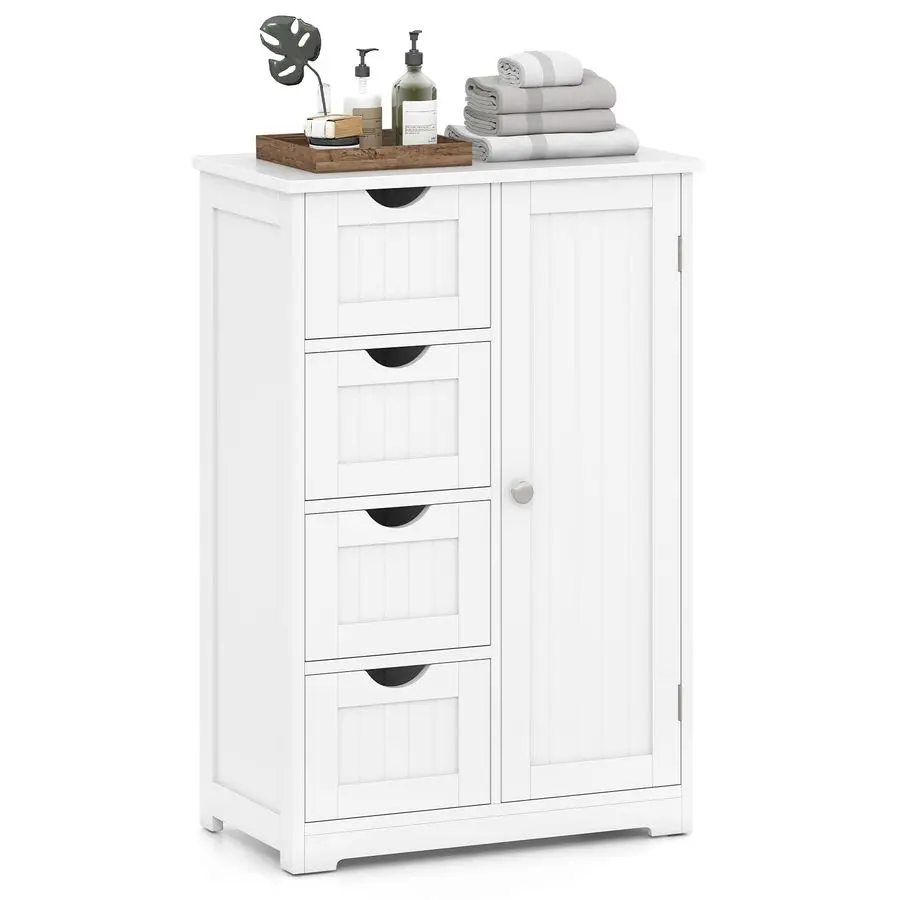 

Storage Cabinet with 4 Drawers, Bathroom Storage Organizer with Cupboard, Adjustable Shelf, AntiToppling Device, Floor Cabinet,
