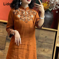 Vintage Chinese Ethnic Style Embroidery Elegant Dresses for Women 2024 Summer Stand Collar Half Sleeve Loose Cotton Linen Dress