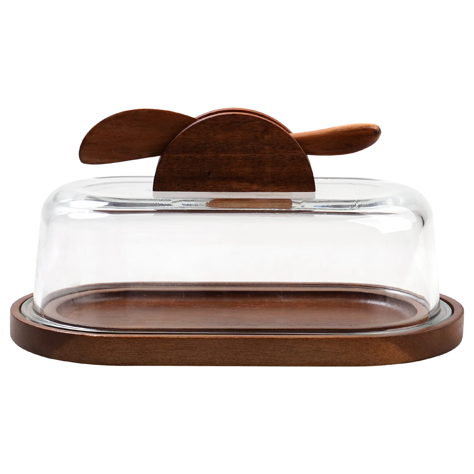Butter Box Wooden Tray with Glass Cover Rectangle Butter Storage Dessert Cake Cheese Box