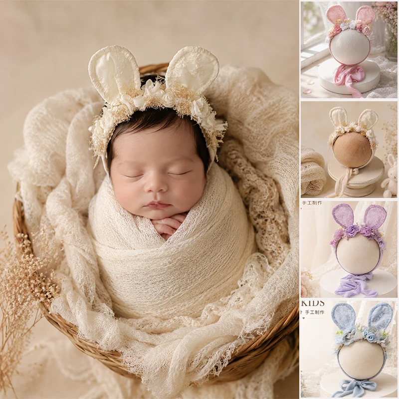 Handmade Floral Bunny Ear Headband Newborn Photography Props Lace Rabbit Ears Baby Photo Studio Shooting Accessories 4 Colors