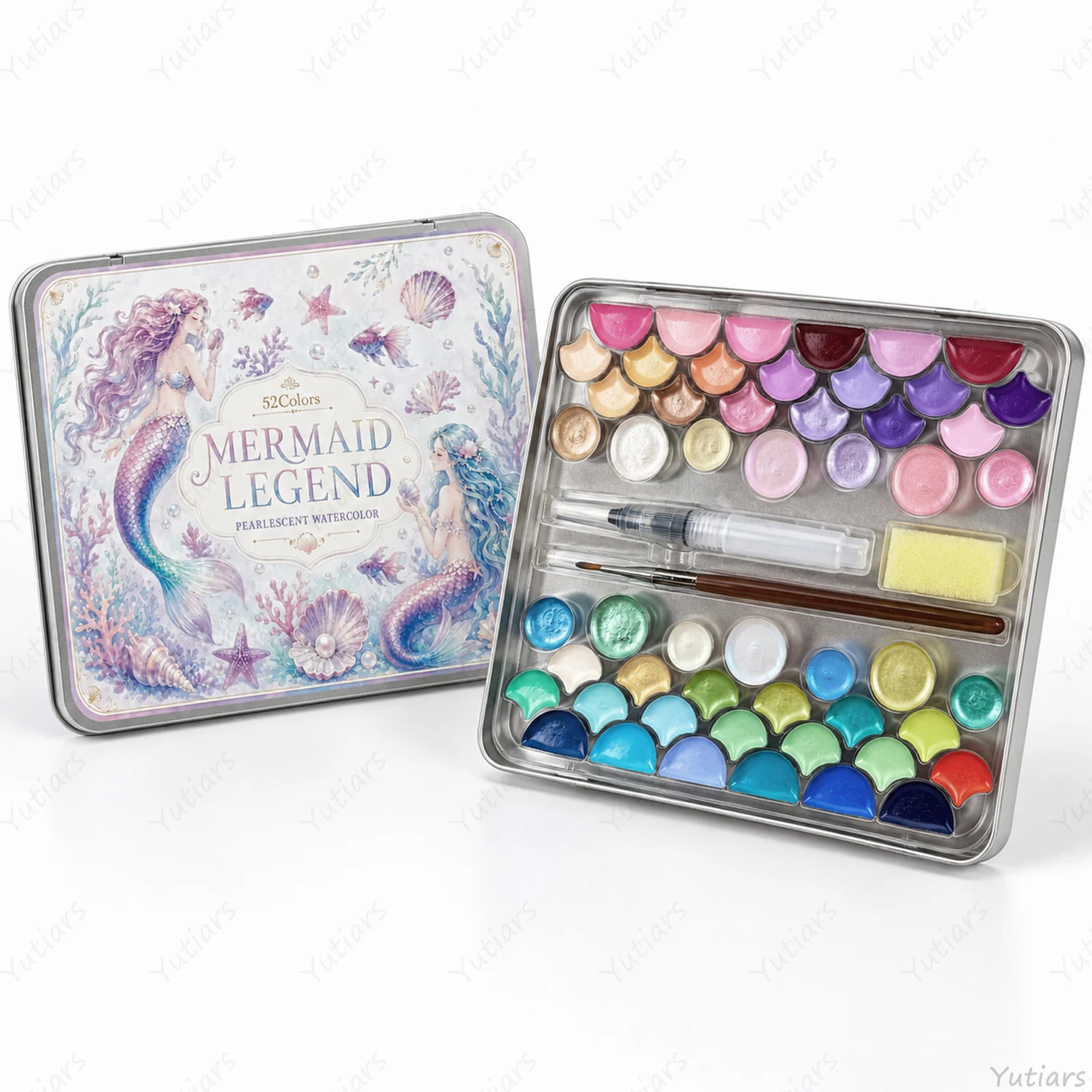 52 Color Pearlescent Watercolor Set with Metal Tin, Water Brush, Paint Brush and Sponge for Art Painting, Journaling and Crafts