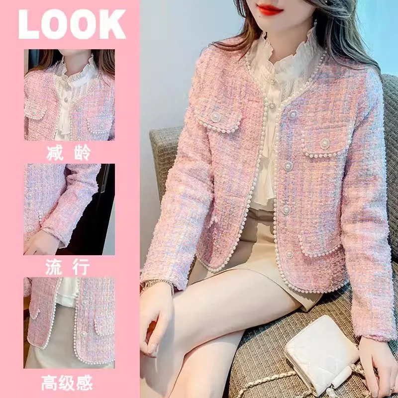 2024 Autumn/Winter Female New Celebrity Xiaoxiangfeng Coarse Tweed Short Coat Women's Style Heavy Industry Bead Design Sense Top