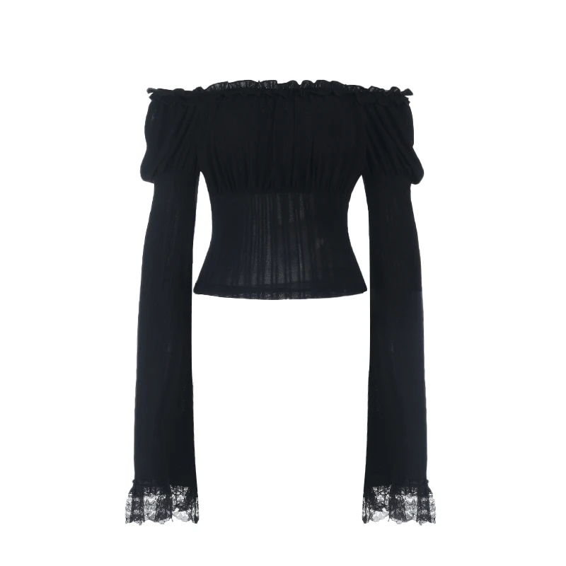 

Lilac XN Goth Black One-Shoulder Pleated Ruffle Corset Long Sleeve T-Shirts New Fashion Vintage Lace Trim Slim Women Tops
