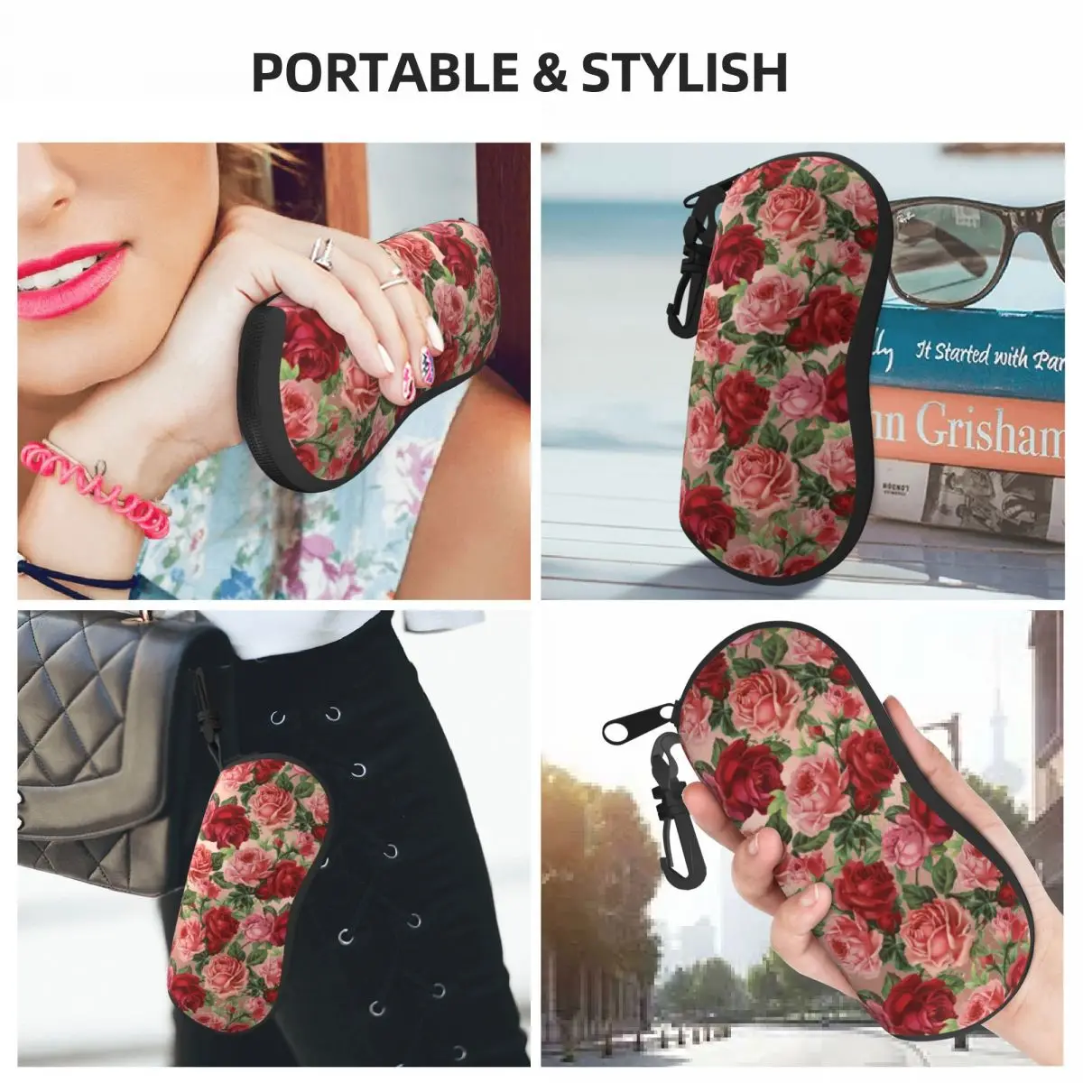 Vintage Floral Print Vertical Glasses Case Elegant Red Roses Pocket Personalized Sunglasses Pouch Convenient Eyewear Accessory