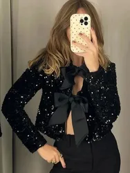 2024 Autumn New Lace Up Bow Sequins Jacket Women Elegant O Neck Hollow Out Long Sleeves Short Coat Lady Evening Party Outwear