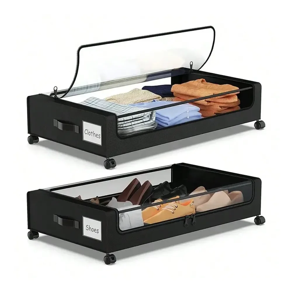 

Набор из 1 или 2 штук: Ящики для хранения под кроватью на колесиках, тканевые органайзеры большой вместимости с прозрачной крышкой и ручкой, дизайн с несколькими отделениями