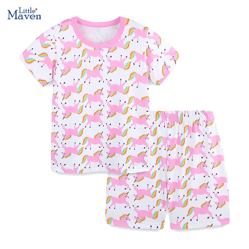 Little Maven 2025, Sommer-Sets für Babys, Mädchen, Kinderkleidung, Kinderkleidung, Cartoon-Einhörner, T-Shirts, Tops + Hosen
