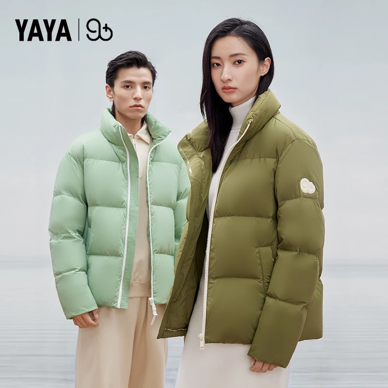 YAYA 2024 Winter Women Man Stand Collar Puffy Coat Couples Style 90% Long Thick White Duck Down Jacket Windbreak Outwear