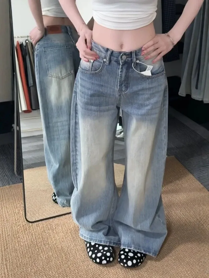 High Waist Loose Fit Casual Denim Jeans Women's plus Size American Retro Design Bamboo Texture Wide Leg Long Pants