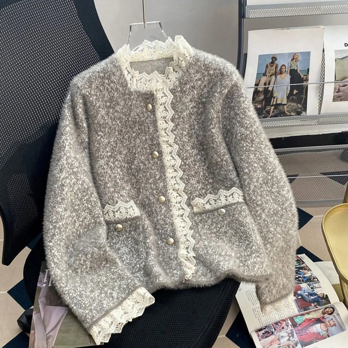 

New Luxury Knitted Fashion Polyester Outerwear French Style Open Cardigan Top Fiber Regular Sleeve Princess Sleeve round Neck