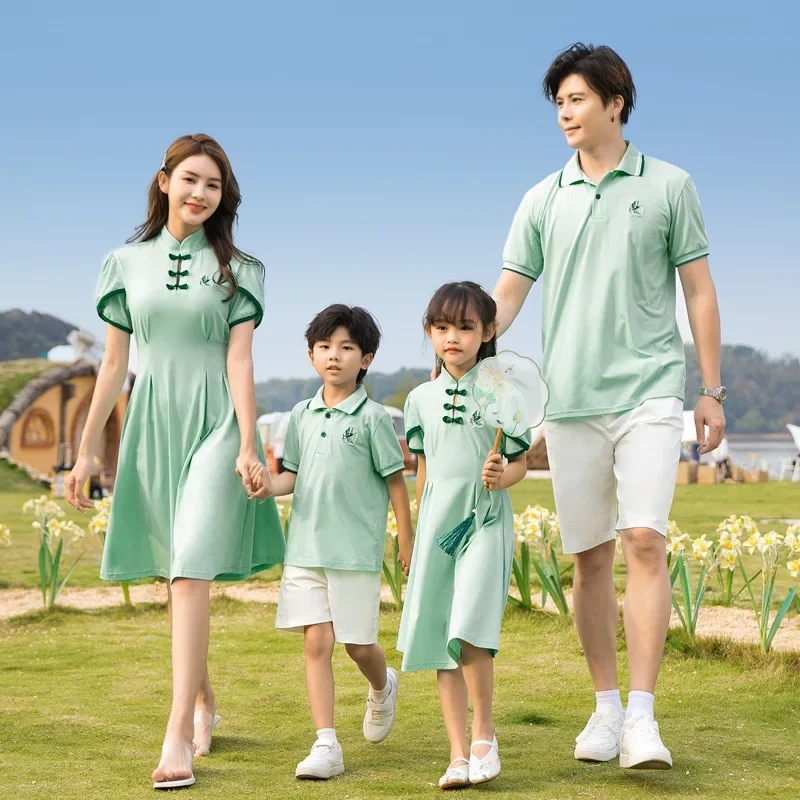 

Summer Family Outfits Mum Daughter Cheongsam Dresses Dad Son T-shirt& Shorts Holiday Couple Lovers Matching Clothes